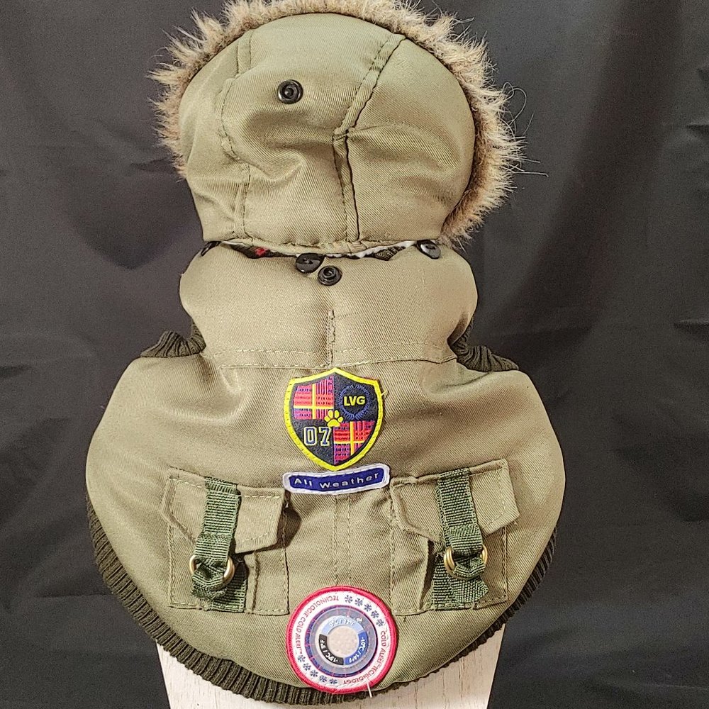 All Weather Green Hooded Dog Coat Size XS with Fleece Lining and Hood Pockets
